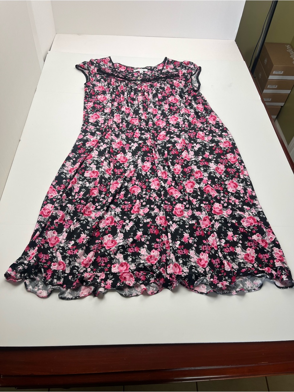 Eileen‎ West Nightgown Sleep Womens Size Large Black Pink White Floral Stretch